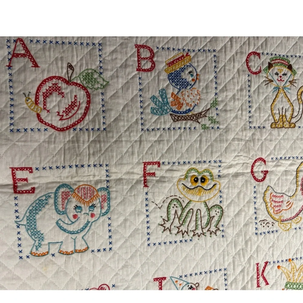 Vintage Bucilla Alphabet Quilted Crib Cover and Bibs Set Hand Embroidered 70s